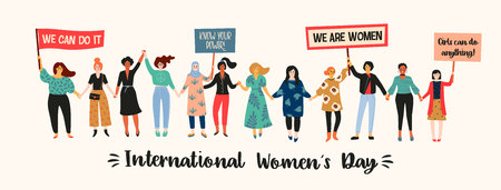International Womens Day. Vector illustration with women different nationalities and cultures. Struggle for freedom, independence, equality.のイラスト素材