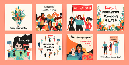 International Womens Day. Vector templates with women different nationalities and cultures. Struggle for freedom, independence, equality.のイラスト素材