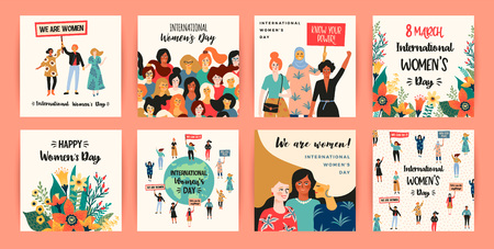International Womens Day. Vector templates with women different nationalities and cultures. Struggle for freedom, independence, equality.のイラスト素材