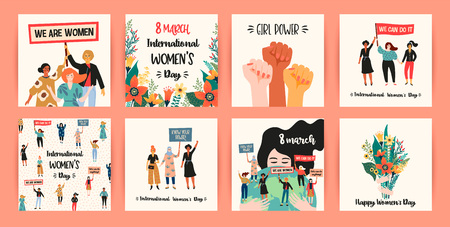 International Womens Day. Vector templates with women different nationalities and cultures. Struggle for freedom, independence, equality.のイラスト素材