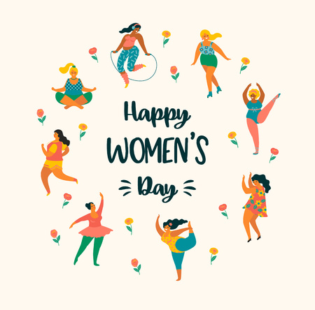 International Women s Day. Vector template with cute women.のイラスト素材