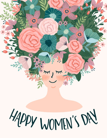 International Women s Day. Vector template with cute woman for card, poster, flyer and other usersのイラスト素材