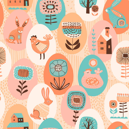 Vector seamless pattern with easter symbols and folk flowers. For Easter and other users.のイラスト素材