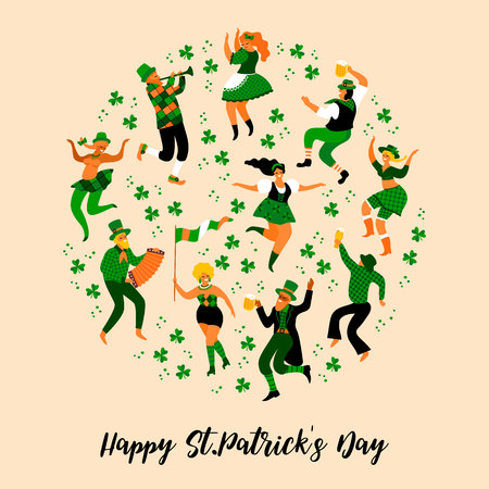 Saint Patricks Day. Vector illustration with funny people in carnival costumesのイラスト素材