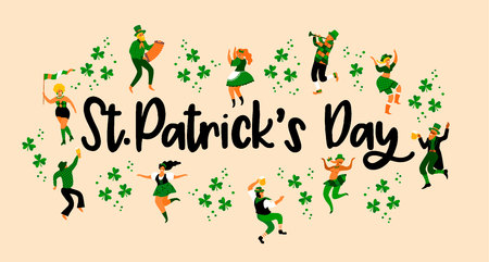 Saint Patrick s Day. Vector illustration with funny people in carnival costumesのイラスト素材