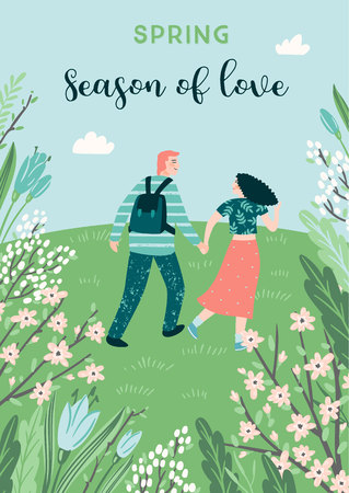Cute illustration with people and spring nature. Vectir design for poster, card, invitation, placard, brochure, flyer and otherのイラスト素材
