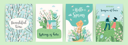 Set of cute illustrations with people and spring nature. Vectir design for poster, card, invitation, placard, brochure, flyer and otherのイラスト素材