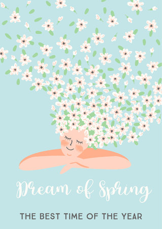 Vector illustration of woman and spring flowers. Design for poster, card, invitation, placard, brochure, flyer and otherのイラスト素材