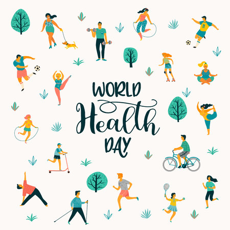 World Health Day. Vector illustration of people leading an active healthy lifestyle. Design element.のイラスト素材