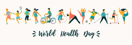 World Health Day. Vector illustration of people leading an active healthy lifestyle. Design element.