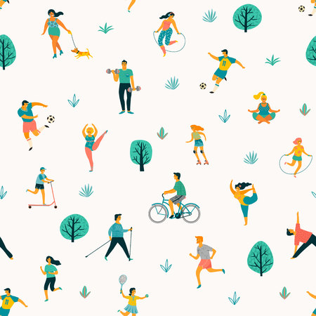 World Health Day. Vector seamless pattern with people leading an active healthy lifestyle. Design element.のイラスト素材