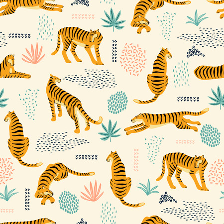 Seamless exotic pattern with tigers and abstract elements.のイラスト素材