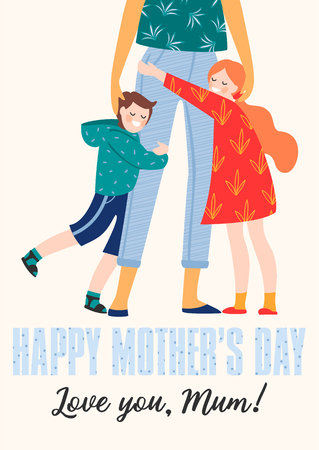 Happy Mothers Day. Vector illustration with woman and children. Design element for card, poster, banner, and other use.のイラスト素材