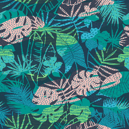 Seamless exotic pattern with tropical plants. Vector hand draw background.のイラスト素材