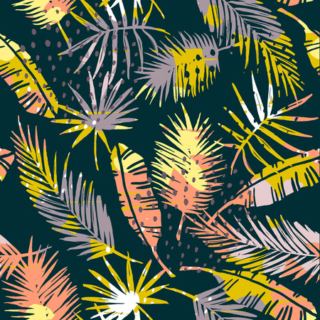 Abstract seamless pattern with tropical leaves. Hand draw texture. Vector template.のイラスト素材