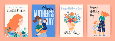 Happy Mothers Day. Vector templates with women and children. Design element for card, poster, banner, and other use.のイラスト素材