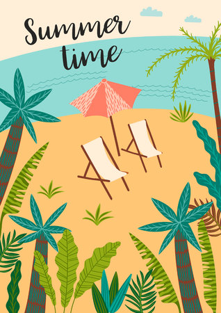 Vector illustration of tropical beach and sea. Design element for summer concept and other use.のイラスト素材