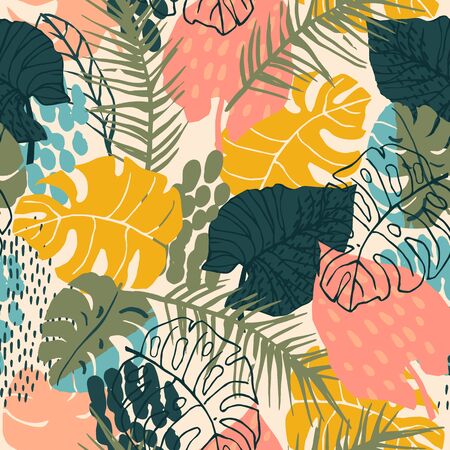 Abstract creative seamless pattern with tropical plants and artistic background.のイラスト素材