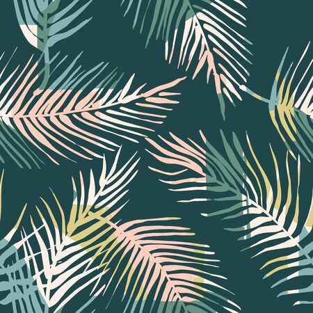 Abstract creative seamless pattern with tropical plants and artistic background. Modern exotic design for paper, cover, fabric, interior decor and other users.のイラスト素材