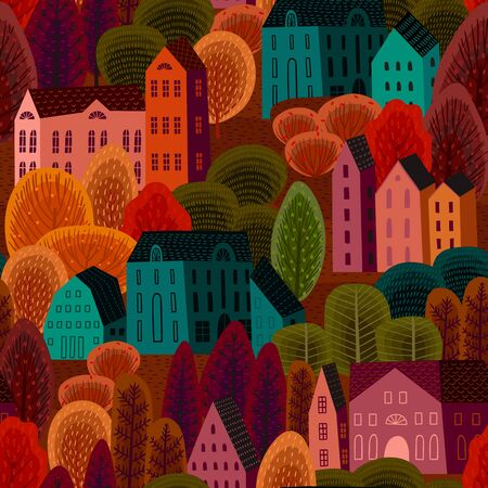 seamless pattern with autumn city. Background for various surface.のイラスト素材