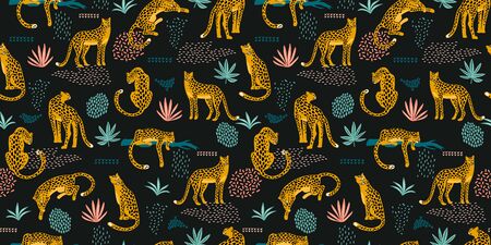 Vestor seamless pattern with leopards and abstract tropical leaves.のイラスト素材