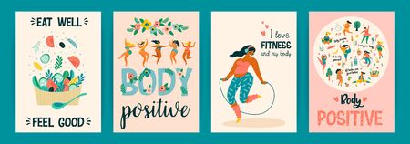 Body positive. Vector templates. Happy plus size girls and active healthy lifestyle.のイラスト素材