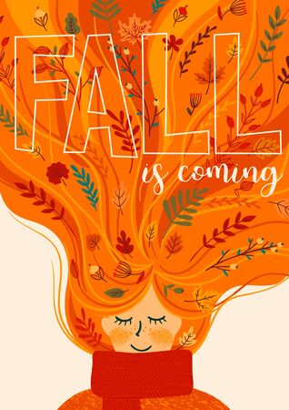 Autumn illustration with cute woman. Vector design for card, poster, flyer, web and other users.のイラスト素材