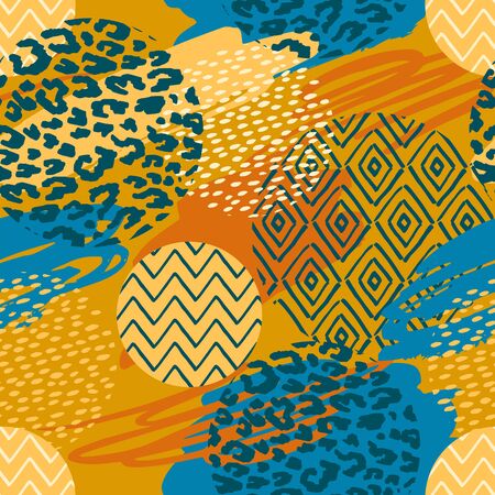 Tribal ethnic seamless pattern with animal print and brush strokes.のイラスト素材