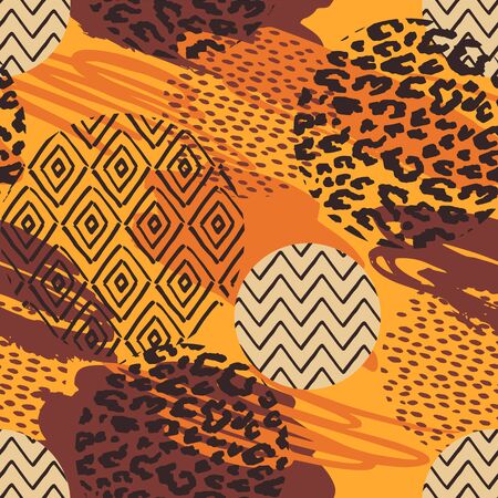 Tribal ethnic seamless pattern with animal print and brush strokes.のイラスト素材