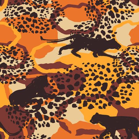 Seamless exotic pattern with abstract silhouettes of wild cats.のイラスト素材