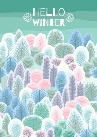 Illustration with winter forest. Vector template for card, poster, flyer, cover and other use.のイラスト素材