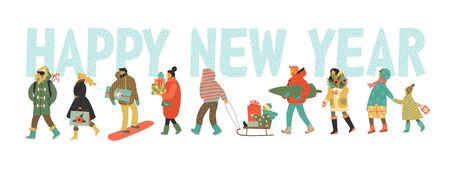 Christmas and Happy New Year illustration whit people.のイラスト素材