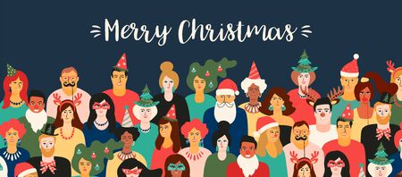 Christmas and Happy New Year illustration with people in carnival costumes.のイラスト素材