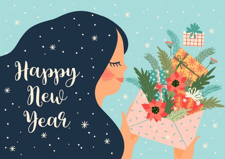 Christmas and Happy New Year illustration with cute woman.のイラスト素材