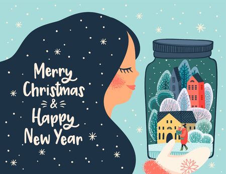 Christmas and Happy New Year illustration with cute woman.のイラスト素材