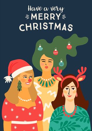 Christmas and Happy New Year illustration with people in carnival costumes. Trendy retro style. Vector design template.のイラスト素材
