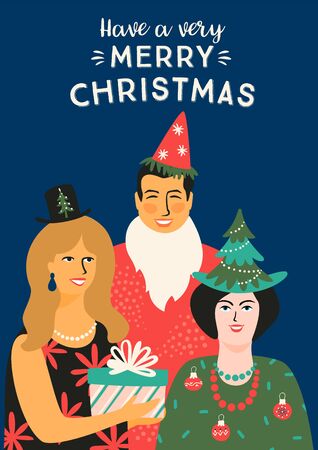 Christmas and Happy New Year illustration with people in carnival costumes.のイラスト素材
