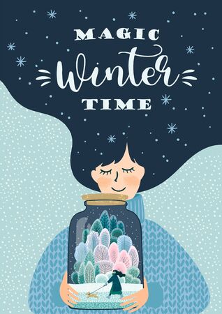 Winter illustration with cute woman. Vector design template.のイラスト素材