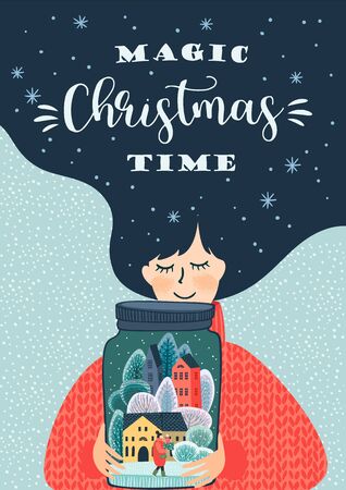 Christmas and Happy New Year illustration with cute woman.のイラスト素材
