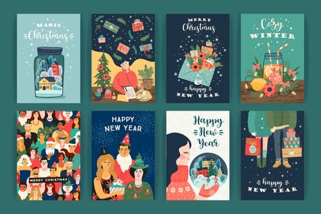 Set of Christmas and Happy New Year illustrations. Trendy retro style. Vector design templates.のイラスト素材