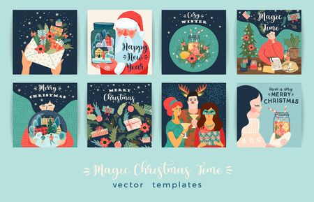 Set of Christmas and Happy New Year illustrations. Vector design templates.