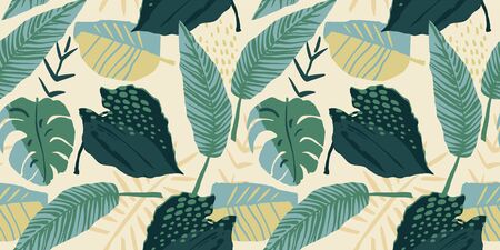 Abstract creative seamless pattern with tropical plants and artistic background.のイラスト素材