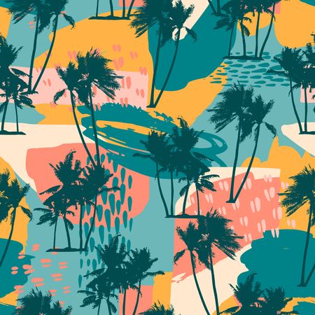 Abstract creative seamless pattern with tropical palms and artistic background.のイラスト素材