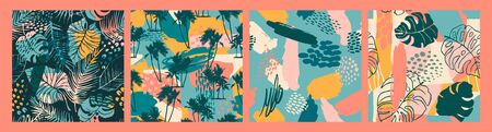 Abstract creative seamless patterns with tropical plants and artistic background.のイラスト素材