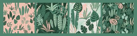 Abstract seamless patterns with tropical leaves. Hand draw texture.のイラスト素材