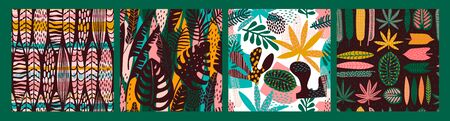 Abstract seamless patterns with tropical leaves. Hand draw textureのイラスト素材