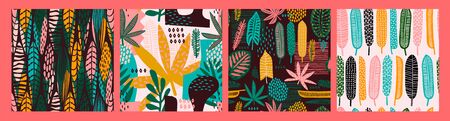 Abstract seamless patterns with tropical leaves. Hand draw textureのイラスト素材