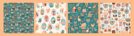 Vector seamless patterns with easter symbols and folk flowers.のイラスト素材