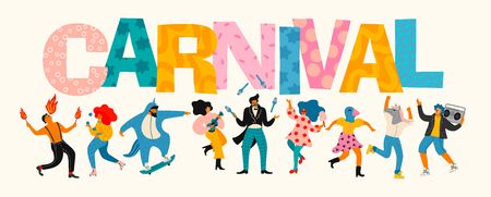 Carnival. Vector illustration of funny dancing men and women in bright modern costumes.のイラスト素材