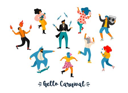 Carnival. Vector illustration of funny dancing men and women in bright modern costumes.のイラスト素材